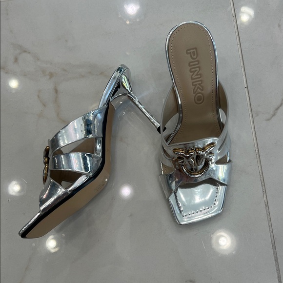 Pinko Metallic Silver Heels with Chain Accent